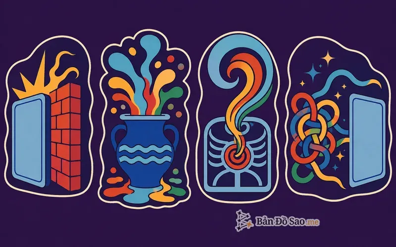 Bốn cách đọc lá bài tarot ngược: bị cản, quá mức, hướng vào trong, và đang chuyển tiếp
