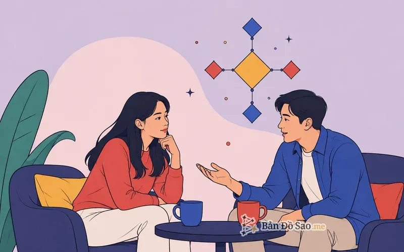 Minh họa hai người ngồi trò chuyện với biểu đồ Ma trận cặp đôi hiện lên như một cụm hình thoi kết nối phía trên