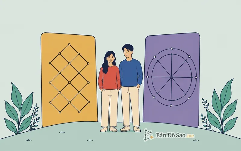 Minh họa một mối quan hệ ở giữa và hai hệ soi vào nó từ hai phía, một bên là lưới hình thoi của Matrix, một bên là biểu đồ tròn của chiêm tinh