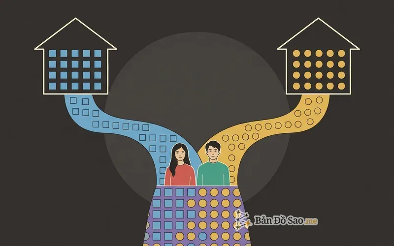 Minh họa hai khuôn mẫu từ hai nơi lớn lên chảy về một chỗ rồi hòa thành một khuôn mẫu chung của mối quan hệ