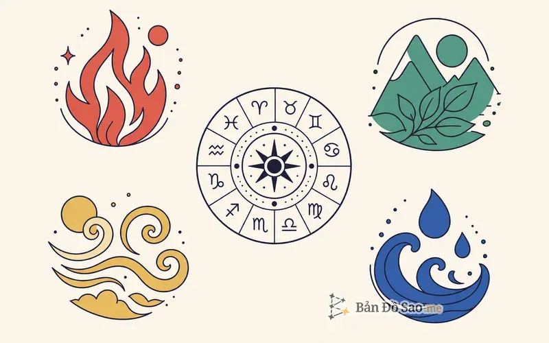 Minh họa 4 nguyên tố chiêm tinh Lửa, Đất, Khí, Nước quanh vòng tròn 12 cung hoàng đạo