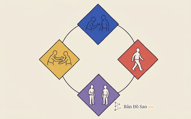Minh họa vòng lặp phản ứng khép kín giữa hai người: một bên đưa tay ra, bên kia rút lui, khoảng cách giãn ra, rồi bên đầu tiên lại đưa tay ra mạnh hơn