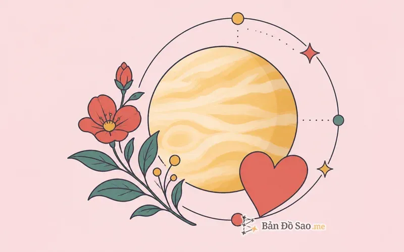 Minh họa Sao Kim với biểu tượng tình yêu và cái đẹp trên bản đồ sao
