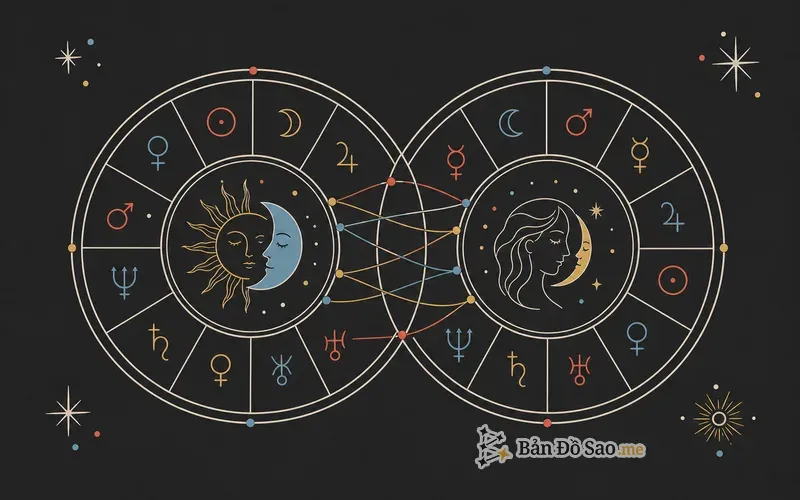 Minh họa synastry với hai bản đồ sao đặt cạnh nhau và các đường nối giữa hai người