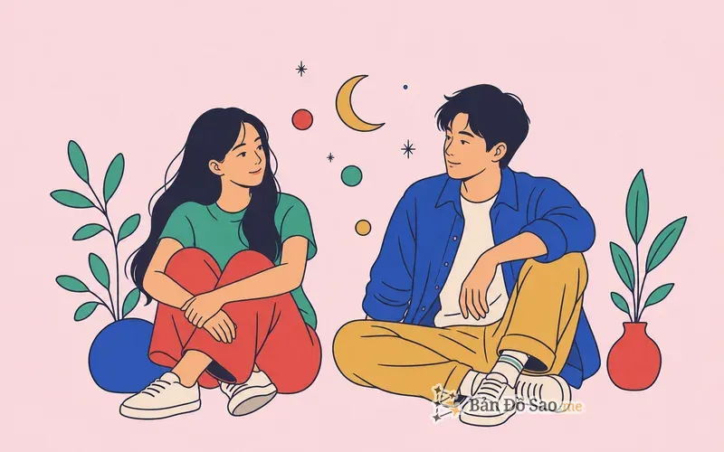 Minh họa hai người trẻ ngồi cạnh nhau với vài họa tiết chiêm tinh nhẹ nhàng ở giữa
