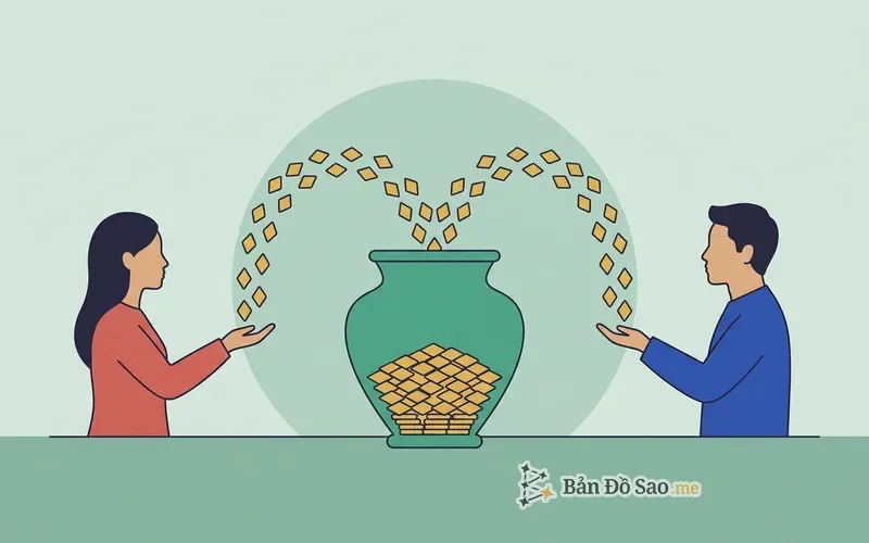 Minh họa hai người cùng góp vào một nguồn lực chung, hai dòng hội lại rồi rót vào cùng một chiếc bình