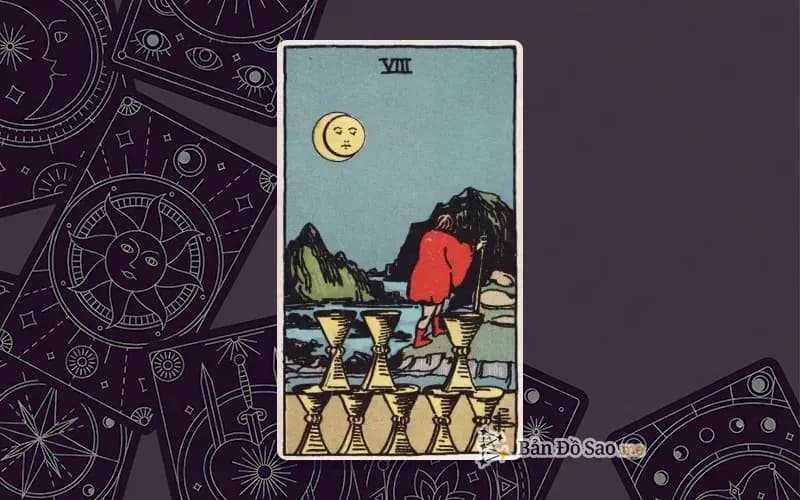 Lá bài Tarot Eight of Cups trong bộ Rider Waite Smith với ý nghĩa rời bỏ, hành trình tìm kiếm và từ bỏ những gì không còn ý nghĩa