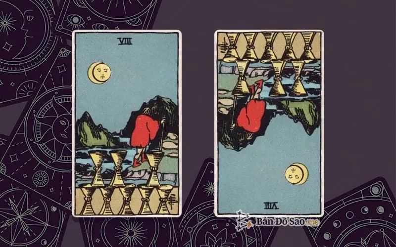 Lá bài Eight of Cups xuôi và ngược, so sánh chiều