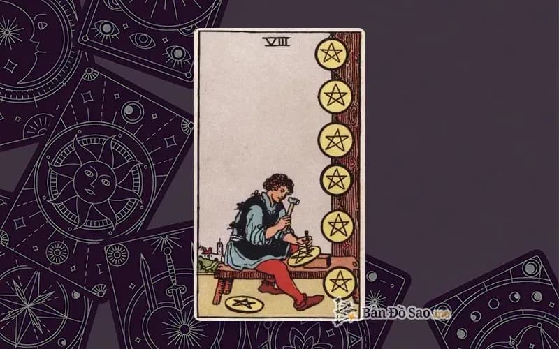 Lá bài Tarot Eight of Pentacles trong bộ Rider Waite Smith với ý nghĩa học tập, kỹ năng và chuyên môn