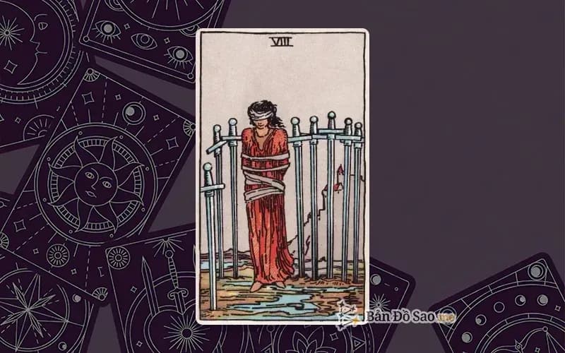 Lá bài Tarot Eight of Swords trong bộ Rider Waite Smith với ý nghĩa bị mắc kẹt, bất lực và xiềng xích tâm lý
