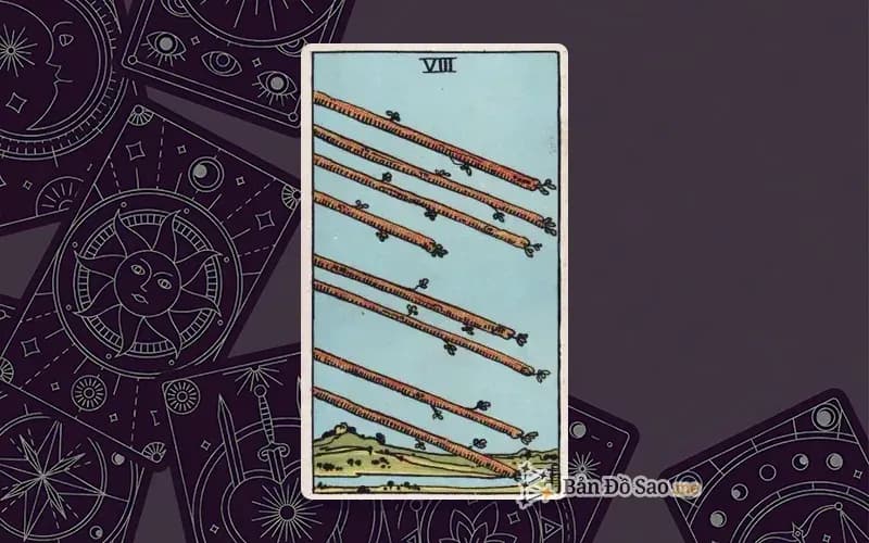 Lá bài Tarot Eight of Wands trong bộ Rider Waite Smith với ý nghĩa tăng tốc, chuyển động và tin tức