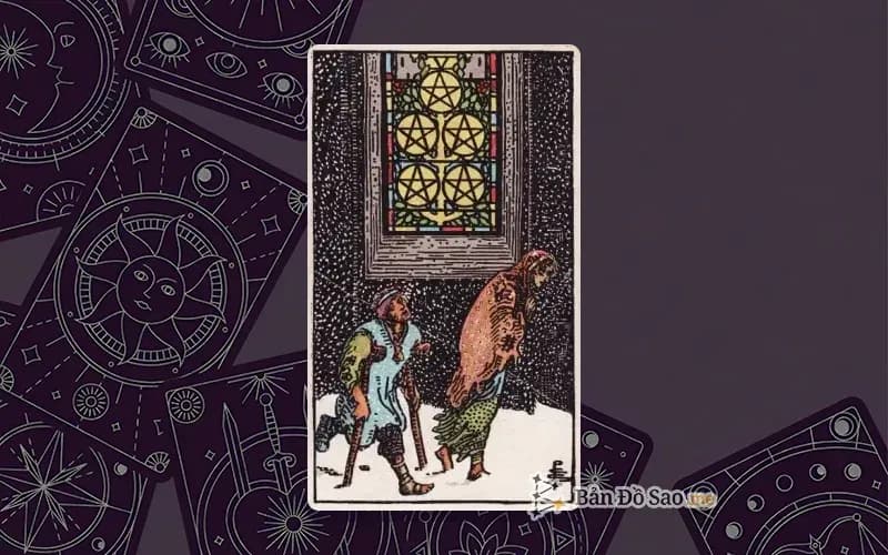 Lá bài Tarot Five of Pentacles trong bộ Rider Waite Smith với ý nghĩa khó khăn, mất mát và hy vọng