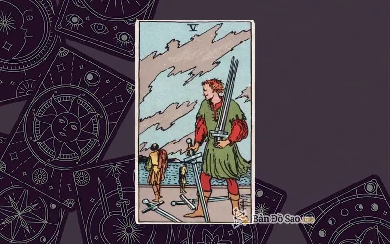 Lá bài Tarot Five of Swords trong bộ Rider Waite Smith với ý nghĩa xung đột, thất bại và mất mát