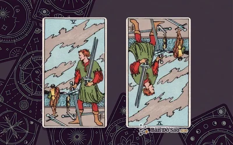 Lá bài Five of Swords xuôi và ngược, so sánh chiều