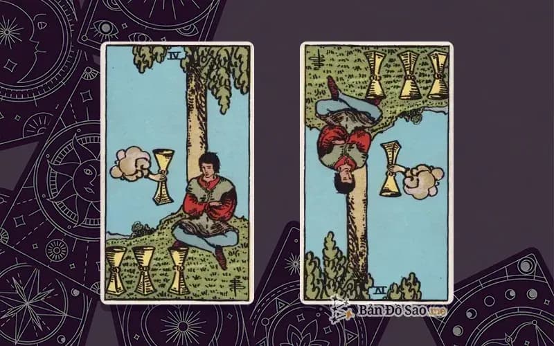 Lá bài Four of Cups xuôi và ngược, so sánh chiều