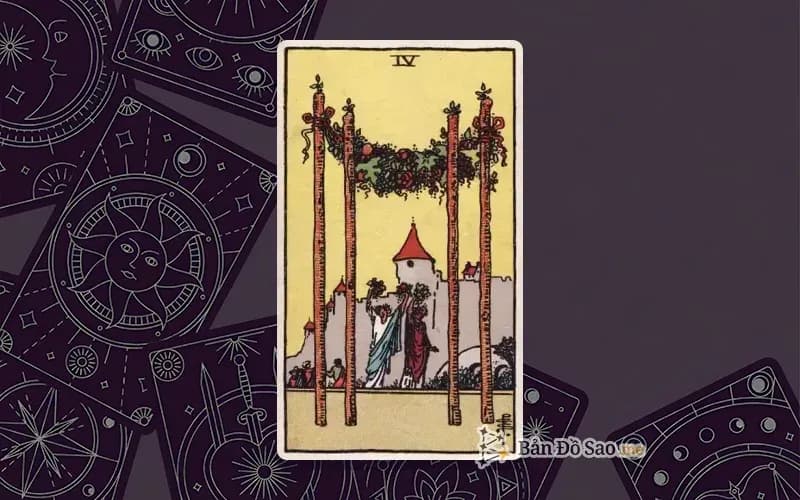 Lá bài Tarot Four of Wands trong bộ Rider Waite Smith với ý nghĩa ăn mừng, ổn định và cộng đồng