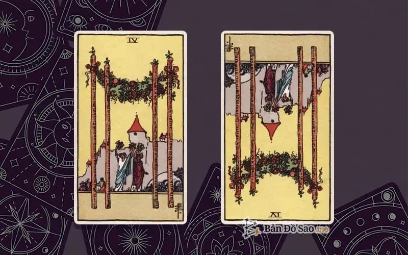 Lá bài Four of Wands xuôi và ngược, so sánh chiều