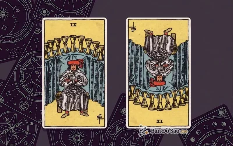 Lá bài Nine of Cups xuôi và ngược, so sánh chiều
