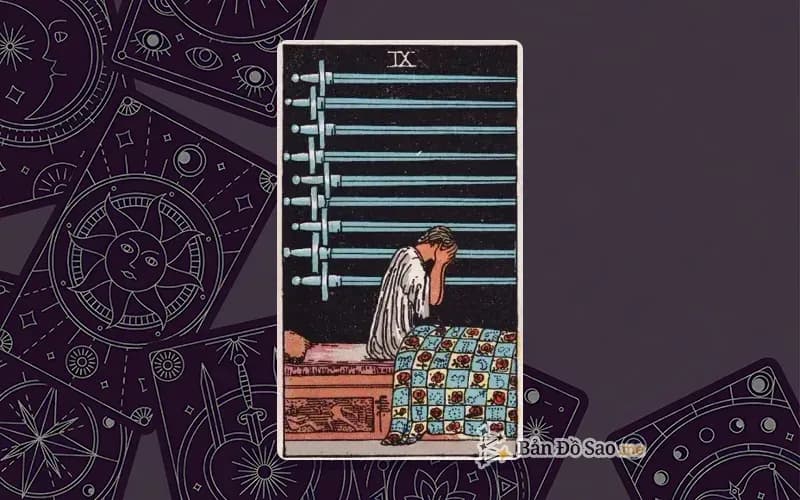 Lá bài Tarot Nine of Swords trong bộ Rider Waite Smith với ý nghĩa ác mộng, lo lắng và ám ảnh