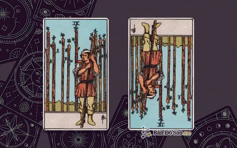 Lá bài Nine of Wands xuôi và ngược, so sánh chiều