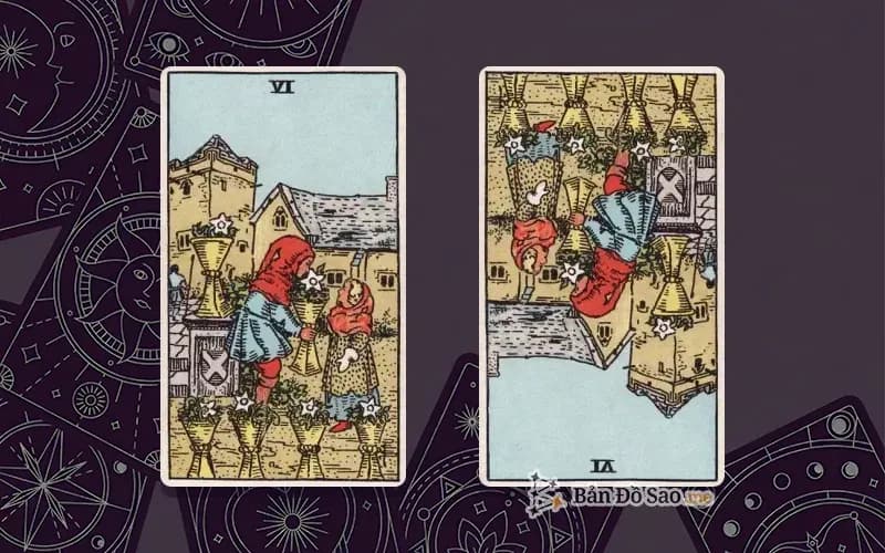 Lá bài Six of Cups xuôi và ngược, so sánh chiều