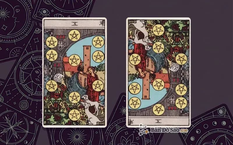 Lá bài Ten of Pentacles xuôi và ngược, so sánh chiều