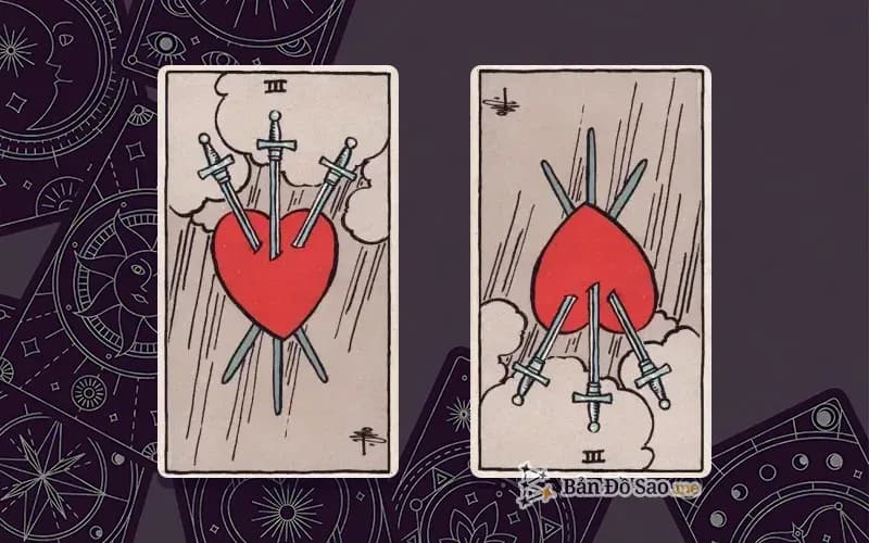 Lá bài Three of Swords xuôi và ngược, so sánh chiều