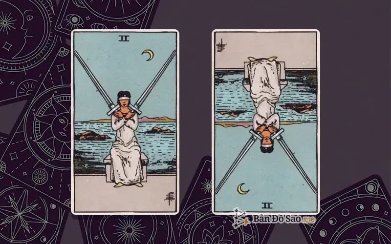 Lá bài Two of Swords xuôi và ngược, so sánh chiều