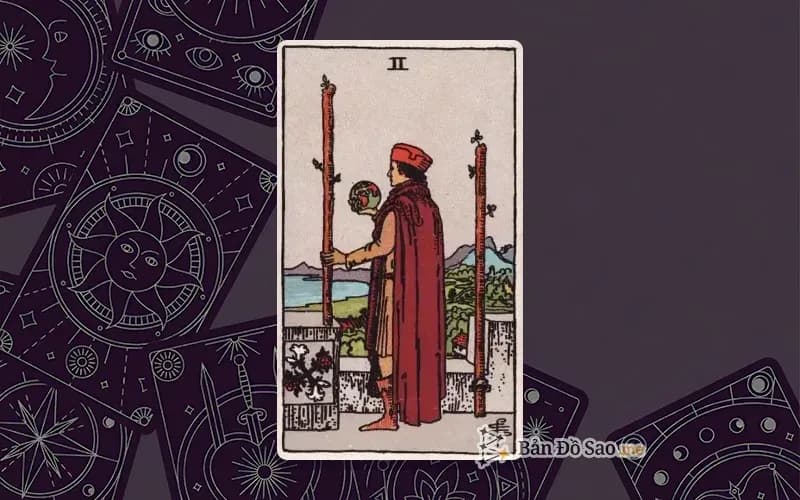 Lá bài Tarot Two of Wands trong bộ Rider Waite Smith với ý nghĩa lập kế hoạch, lựa chọn và tầm nhìn xa